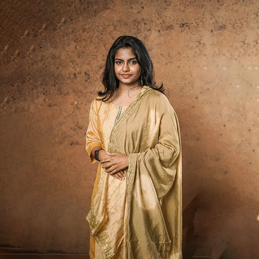 Rich caramel golden Chanderi Silk Kurti with Dupatta suited for any festivals and occasions.